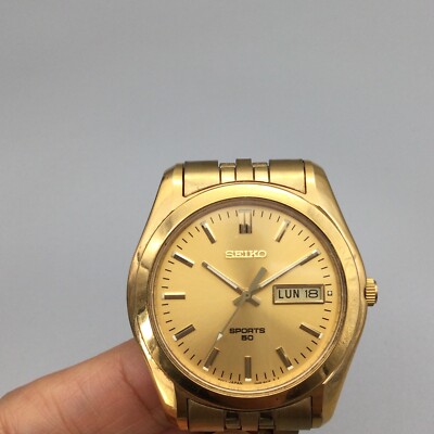 Seiko Sports 50 Watch Men 38mm Gold Tone Dial Day Date 7N48