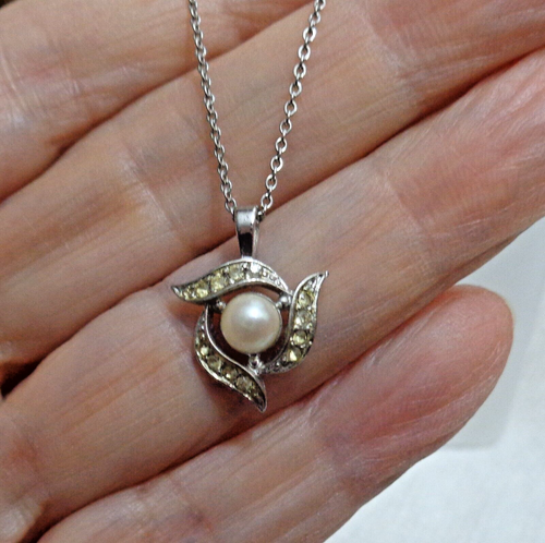 17" .925 Silver Vintage Curb Link Chain & White Pearl Pendant Necklace 2.5 gm - Bild 3 von 5