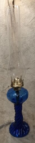 Antique Cobalt Blue Barley Twist Oil Lamp - Picture 2 of 6