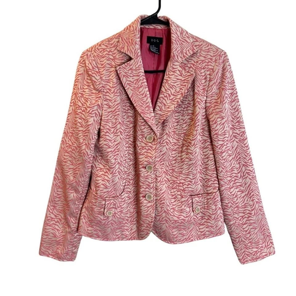R.Q.T Women’s Pink Zebra Print Blazer Jacket V Neck Three Button Front Size 10 - Image 3 of 4