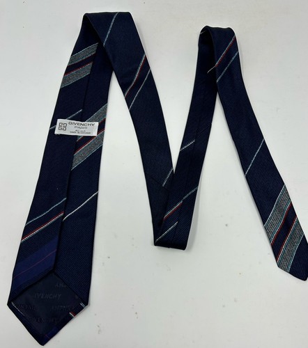 Corbata Givenchy Paris Seda Cuello 57"x3" Azul Marino con Rojo Blanco Verde azulado Rayas De Colección - Imagen 6 de 7