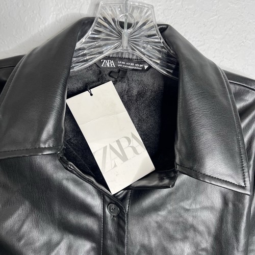 Zara Top Women XS Shirt Faux Leather Overshirt Button Up Black Slim B19 - Picture 6 of 12