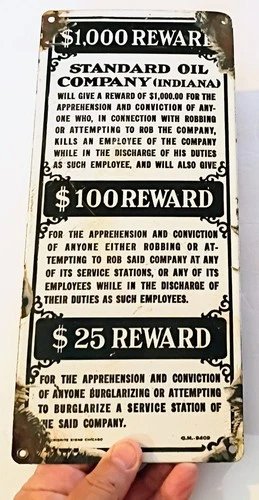 RARE Vintage STANDARD OIL OF INDIANA "$1,000 REWARD" PORCELAIN SIGN