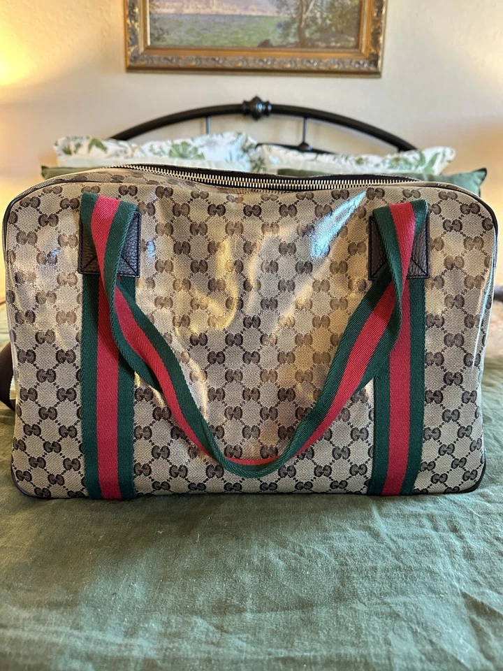 Gucci Duffle  Crystal Monogram Web Carry On Brown Coated Canvas Travel Bag - Image 3 of 4