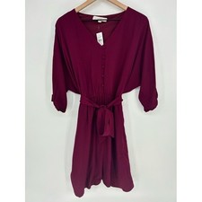 "NWT" Loft Burgundy Textured Quarter Sleeve V-Neck Mini Belted Dress- Size Small