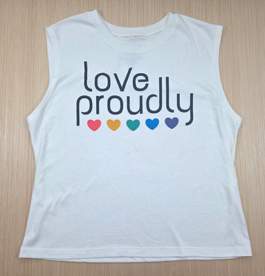 Awake Juniors 'Love Proudly' Muscle Tee Rainbow Hearts Top Shirt Size Large
