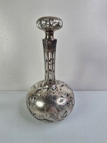SUPERB Antique Sterling Silver Overlay Glass 8.75" Decanter Grapes PERFECT GIFT - Picture 5 of 18