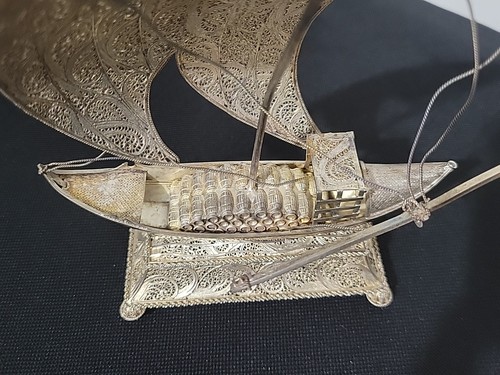 Antique Continental Sterling Silver Filigree Vermeil Nef Sail Ship Unknown Mark - Picture 8 of 24