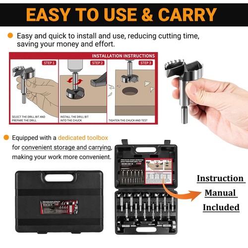 Forstner Bit Set 16PCS High Strength Steel Wood Drill Bits,1/4" to 2-1/8", Black - Picture 5 of 10
