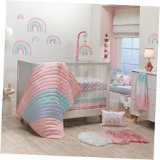 Watercolor Pastel Pink/Mint Rainbow 5-Piece Baby Crib Bedding Set