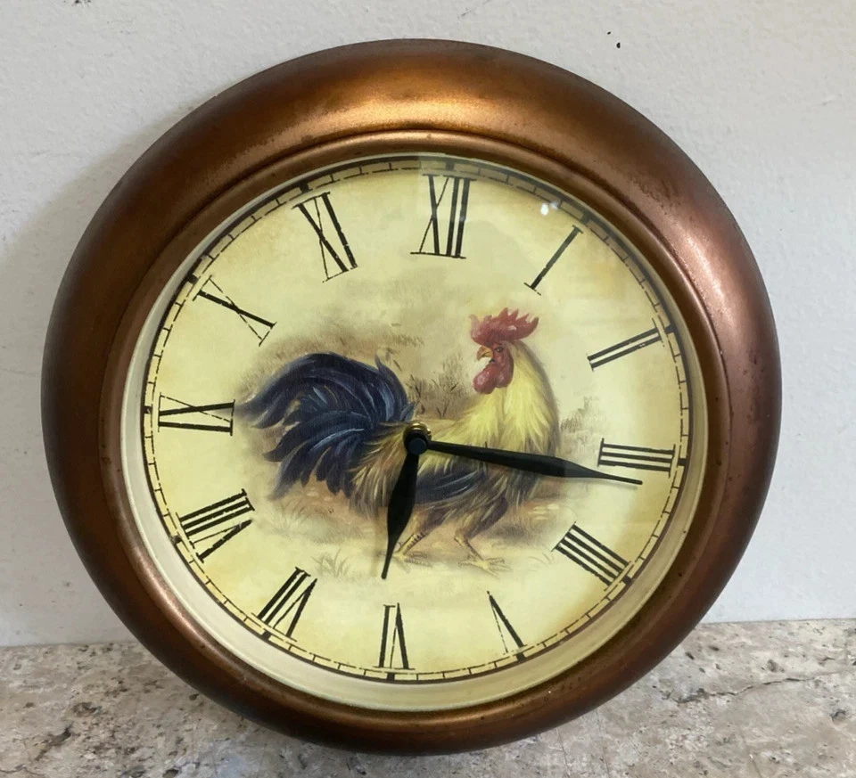 Reloj de Pared Gallo Marco de Metal Cobre Decoración 11" Granja Cocina Funciona Foto 2 de 4
