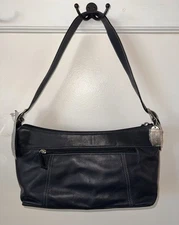 Tignanello Navy Leather Adjustable Strap Silver Color Hardware Zip Shoulder Bag