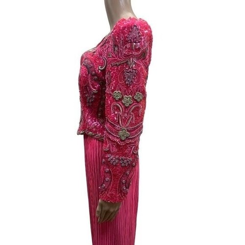 Richilene 80er Abendkleid klein Vintage bestickt Perlen rosa Seide Chiffon - Bild 2 von 16