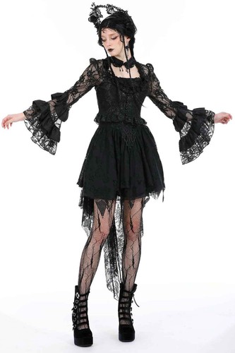 DARK IN LOVE Gothic Spitzen-Bluse Transparent Schwarz Rüschen Romantik - Picture 5 of 10