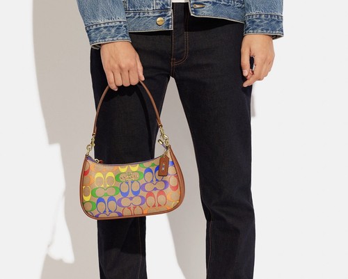 ☂️🍄Coach Teri Schultertasche in Rainbow Signature Canvas Gold/Khaki Multi CA176 - Bild 3 von 7