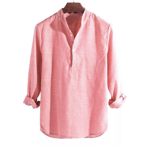 Men Vintage Grandad Neck Striped Shirt Top Causal Party Formal Cotton Button Tee - Picture 7 of 14