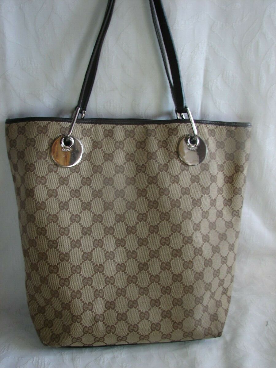 Gucci Eclipse Vintage GG Monogram Canvas Leather Bucket Tote 120836 Bag