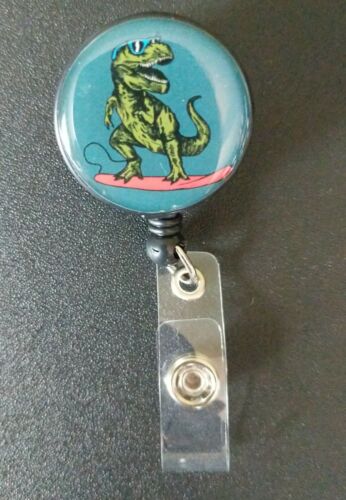 Surfing T-Rex With Sunglasses Clip On Retractable ID Badge Lanyard Nurse Doctor - Picture 1 of 2