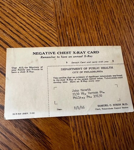 1966 Philadelphia Dept Of Public Health Negative Chest X Ray Card 