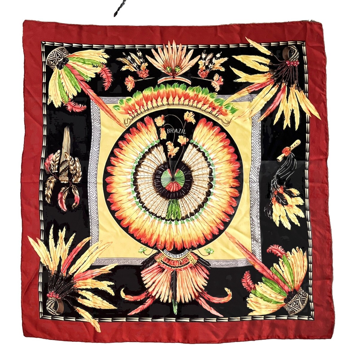 Hermes Scarf BRAZIL by Laurence Bourthoumieux Silk 90 cm Red