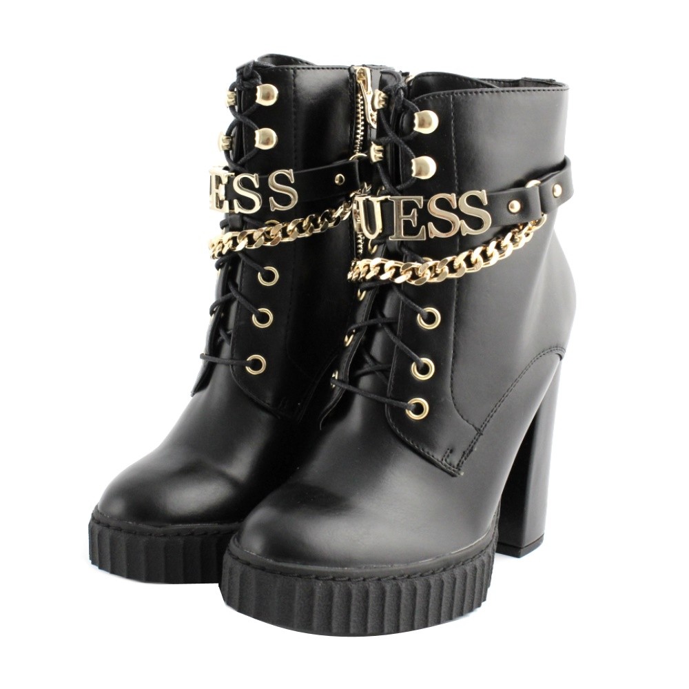 Stivaletti lacci tronchetti Guess donna pelle nera bracciale caviglia logo tacco Stivaletti lacci tronchetti Guess donna pelle nera bracciale caviglia logo tacco