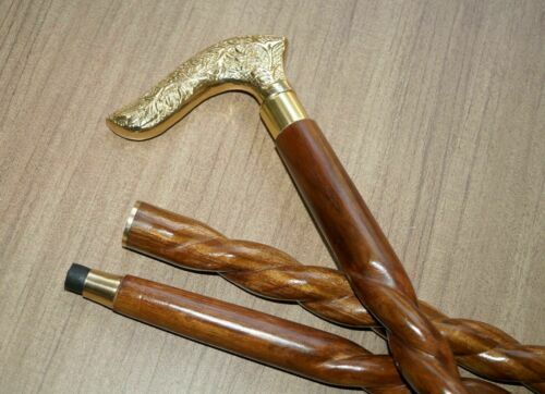 36" ANTIQUE BRASS HANDLE SOLID WOODEN SPIRAL WALKING CANE STICK GIFT - Picture 2 of 4