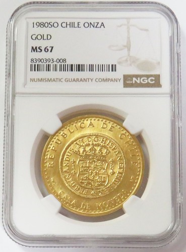1980 SO GOLD CHILE 1,730 MINTED 1 ONZA MILITARY ANNIV NGC MS 67 *(TREASURY CERT)