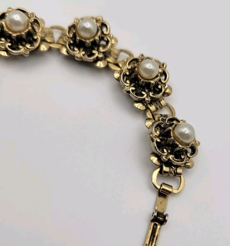 Vintage florales Gliederarmband goldfarben Blumen Perlenimitat Akzente - Bild 5 von 11