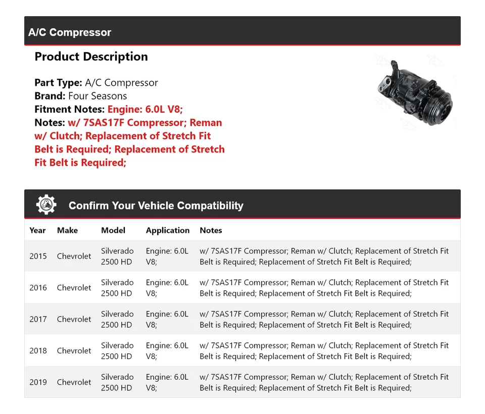 Para 2015-2019 Chevrolet Silverado 2500 HD 6.0L V8 A/C Compressor 4 Estações 2016 - Imagem 2 de 4