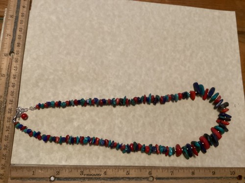 Handmade Sterling Silver Turquoise Coral And Lapis Lazuli Chip Beaded Necklace - Picture 9 of 10