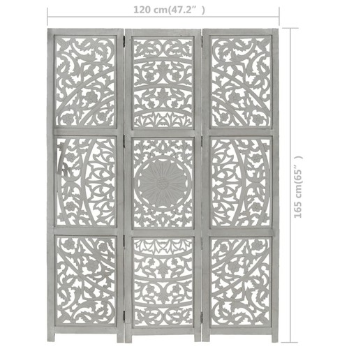 Hand carved 3-Panel Room Divider Grey 120x165 Solid Wood K0N7 - Picture 10 of 10