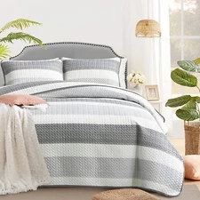 3piece Cotton Quilt Set Full/queen Light Gray Penicl Line Stripes Printed On Whi
