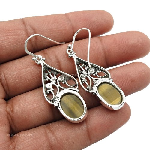 Pendientes Colgantes Boho De Ojo De Tigre Natural De Plata Esterlina 925 - Imagen 4 de 8