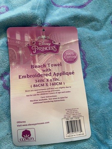 Disney Princess Little Mermaid Ariel Beach Towel 100% Cotton 34x63” Embroidered - Picture 5 of 10