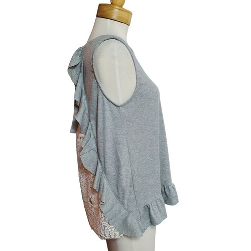 Umgee Gray Rib Knit Top Tied Ruffled Back w/Lace Panel Tunic Top Casual Summer S - Picture 3 of 7