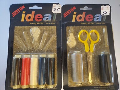 2 Vintage Ideal Sewing Thread Sets 1983 Thin Cross-Wound Spools Needles etcs