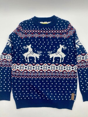 MEN S LARGE TIPSY ELVES REINDEER CLIMAX UGLY CHRISTMAS SWEATER BLUE