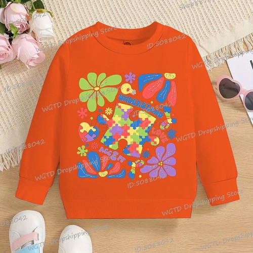 Vintage Autism Puzzle Flower Children's Clothing 2025 New Long Sleeve Crewneck Y - Picture 14 of 84