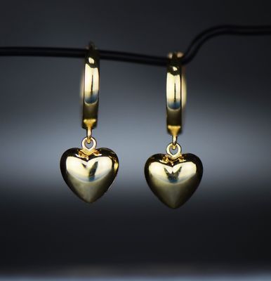 14k Yellow White Gold Dangle Puffed Heart Huggie Earrings