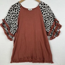 UMGEE S Womens Pullover Animal Print Layered Bell Sleeves Linen Fringe Tunic Top