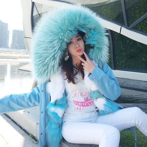 Women Large Fox Fur Collar Jacket Hooded Short Coat Warm Parka Fluffy Fur Winter - Bild 1 von 13