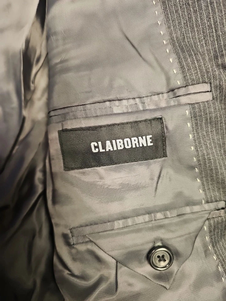 Claiborne Suit  36 Short Gray Jacket Wool Notch Lapel 28 Waist Stripe New - Image 4 of 4