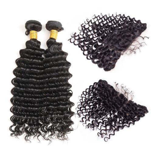 Premium Human Hair Deep Wave Natural Black 2 Bundles With 13x4 Lace Frontal - Picture 4 of 30