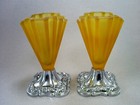 VINTAGE PAIR BAGLEY ART DECO GRANTHAM FROSTED AMBER GLASS VASES ON CHROME BASES