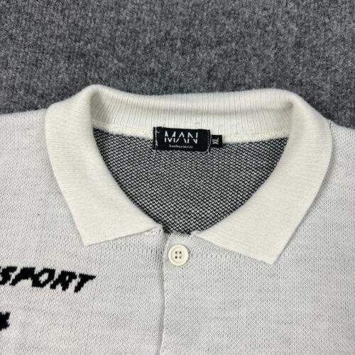 BOOHOO MAN Shirt Mans XL White Black Knit Short Sleeve Racing Rally Star Button - Picture 2 of 10