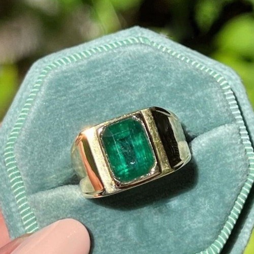 2CT Men's Certified Natural Emerald Bezel Engagement Ring Solid 14K Yellow Gold - Picture 6 of 14