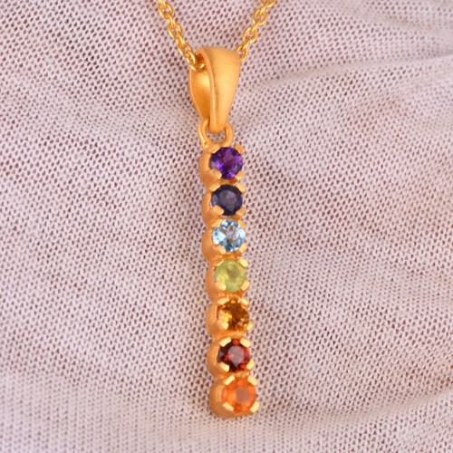 Gold Seven Chakra Pendent Necklace Amethyst Citrine Carnelian Peridot Jewelry - Picture 6 of 7