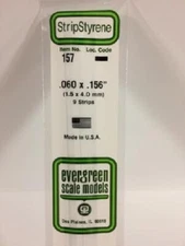 Evergreen # 157 Styrene Strip .060" Thick - 14" Long x .156" pkg(9) A Scale MIB