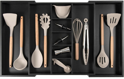 Expandable Black Bamboo Kitchen Drawer Organizer - Eco-Friendly & Non-Slip