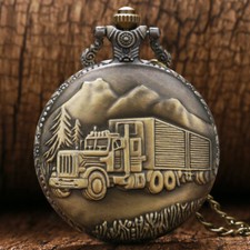 Bronze Tone Truck Quartz Pocket Watch Arabic Number Dial Nacklace Chain Gifts